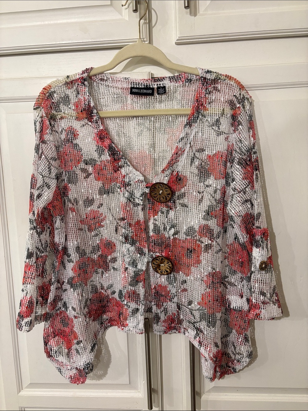 Nina Leonard White Knit V-Neck Cardigan with Floral Print sz Lg